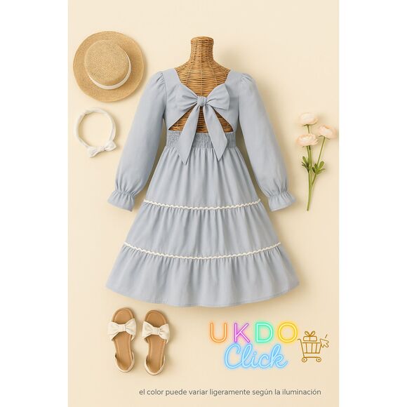 Light Blue Long Sleeve Dress 12T Tiered Ruffle Detail Square Neck Elegant Style - Picture 4 of 14